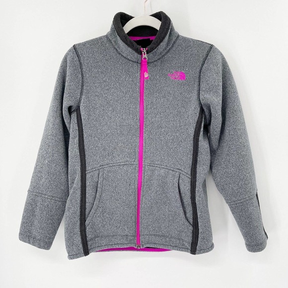 North Face Banderitas Fleece Knit Full Zip Jacket Sz L Girls Gray Pink Logo